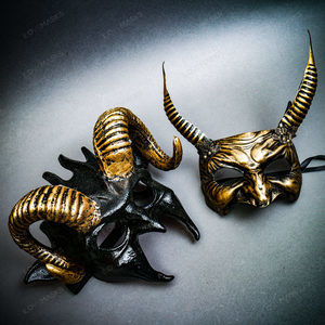 Gold Scary Devil Ram Halloween Party Mask w/ Devil Horn Eye Mask Party Face Mask